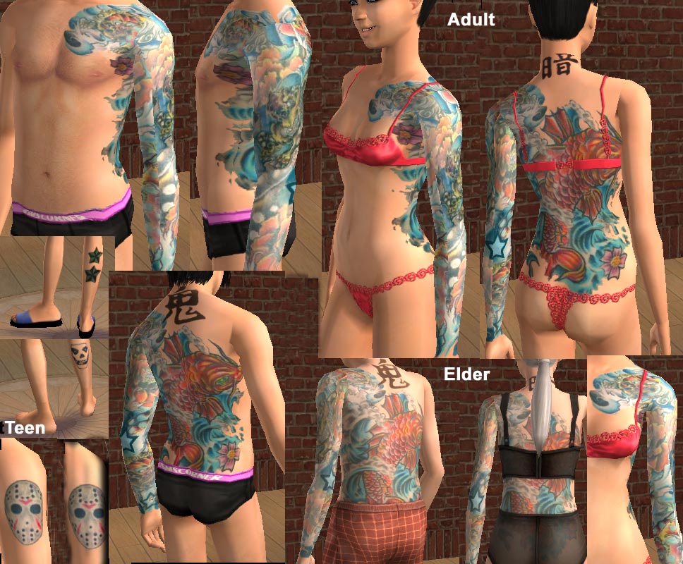 Mod The Sims - Japanese Water Tattoo skin Teen-Adult-Elder