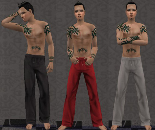 Sleepwear with tattoos for adult and young adult males.